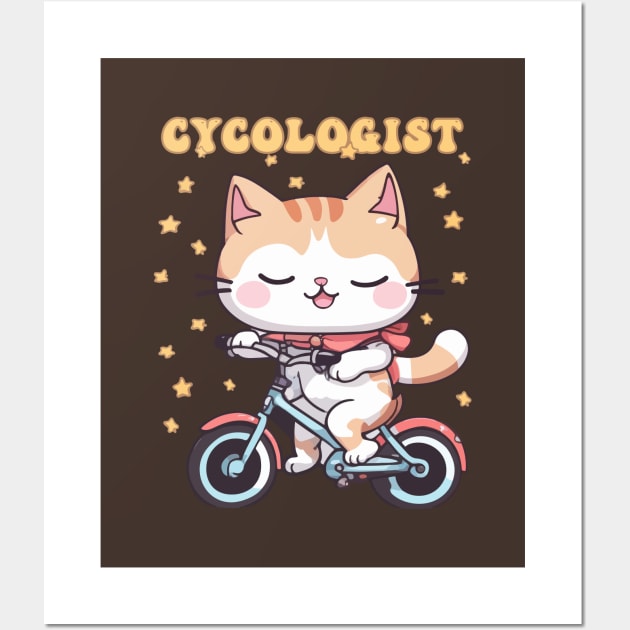 Cycologist Cat Riding Bike - Funny and Cute Biking Enthusiast Wall Art by Rishirt